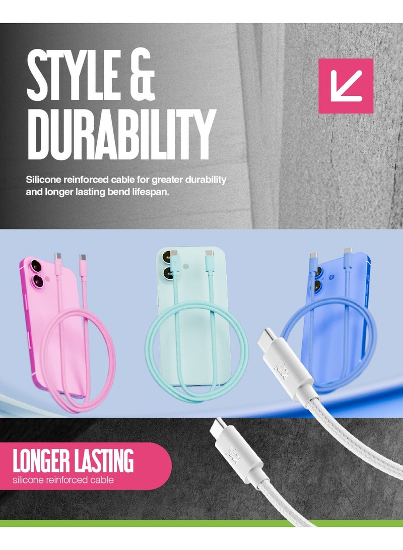 جوس كابل JUICE USB-C إلى USB-C، يدعم الشحن السريع ونقل البيانات، مزود بموصلات قابلة للعكس، مصنوع من مادة TPE، متوافق مع iPhone 17 و16 و15، وiPad Pro، وأجهزة Samsung وGoogle والمزيد، مضفر لمتانة إضافية، بطول 2 متر، باللون الأبيض. - Image 4